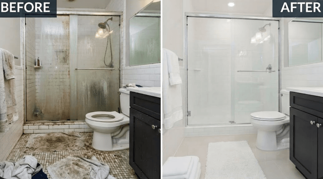 Sanitized bathroom with sparkling tiles