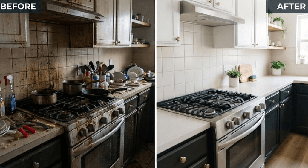 Kitchen before and after deep cleaning